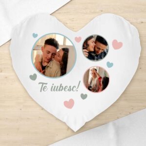 Perna in forma de inima personalizata cu 3 poze si mesaj te iubesc